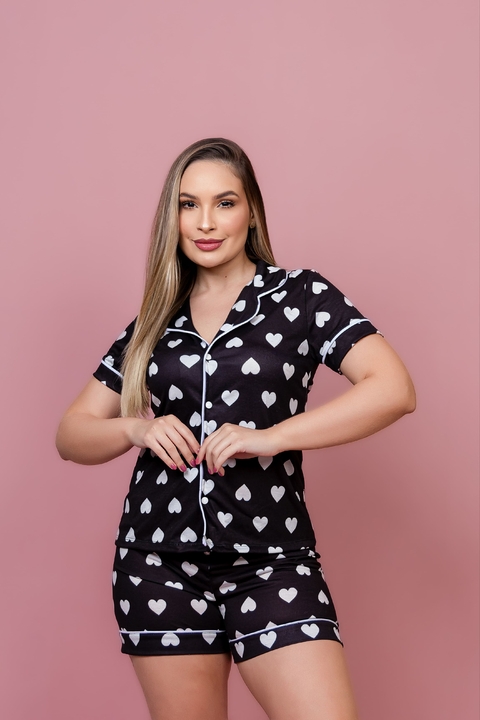 Pijama Americano Curto - Preto coração branco