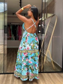 Vestido Bia Longo em Seda Estampado Azul - loja online