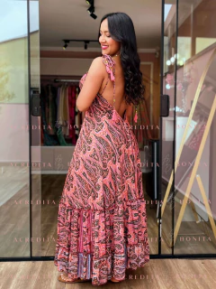 Vestido Paola Rosa Fechado Longo em Seda Estampado - loja online