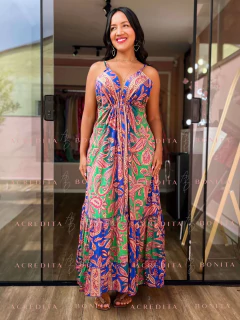 Vestido Paola Verde/Azul Longo em Seda Estampado na internet