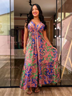Vestido Paola Verde/Azul Longo em Seda Estampado - Loja Acredita Bonita