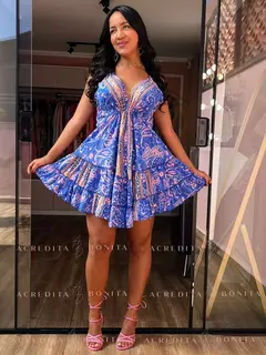 Vestido Eva Azul Curto em Seda Estampado - loja online