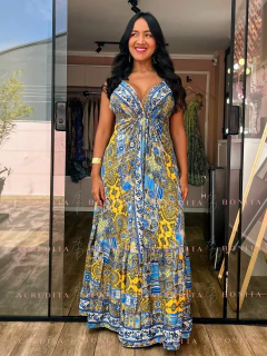 Vestido Paola Azul/Amarelo Longo em Seda Estampado na internet