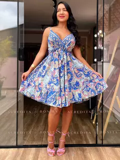 Vestido Luna Azul Curto em Seda Estampado - Loja Acredita Bonita