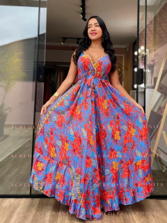 Vestido Ana Azul/Vermelho Longo Decote V em Seda - loja online