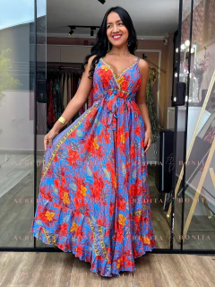 Vestido Ana Azul/Vermelho Longo Decote V em Seda - comprar online