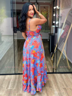 Vestido Ana Azul/Vermelho Longo Decote V em Seda na internet