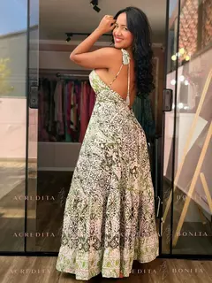 Vestido Paola Verde Longo em Seda Estampado na internet