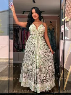 Vestido Paola Verde Longo em Seda Estampado - comprar online