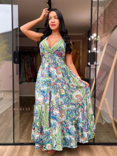 Vestido Helena em Seda Longo Estampado Verde e branco na internet