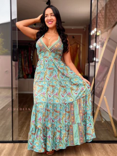 Vestido Helena em Seda Longo Estampado Verde - comprar online