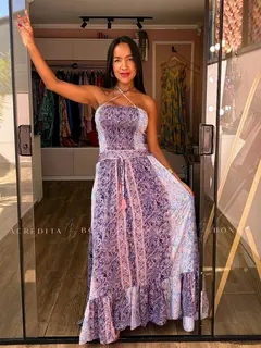 Vestido Marina - Azul/Rosa em Seda Indiana - comprar online
