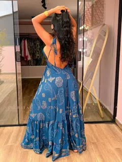 Vestido Paola Longo em Seda Estampado Azul Petróleo - comprar online