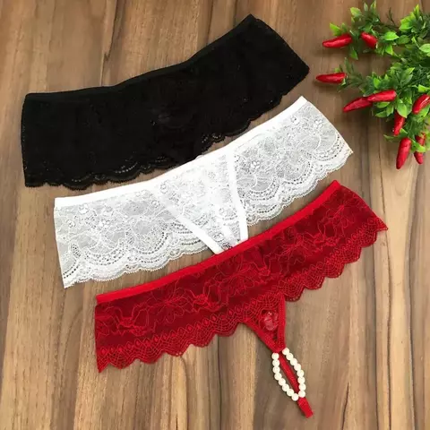 Calcinha Tailandesa Sexy Fio dental em renda com Pérolas Estimulantes