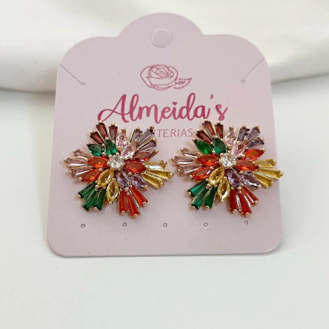 Brinco Flor Colorida Luxo Zircônia banhado a ouro - comprar online