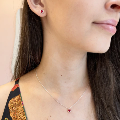 CONJUNTO EMBUTIDO CORACAO VERMELHO 6MM PRATA 925 - comprar online