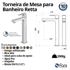 Torneira Para Banheiro Alta Retta Preto Fosco Fani - loja online
