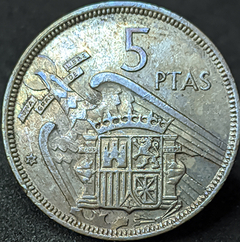 2966 - Espanha 5 pesetas, 1957 - Com linda coloração