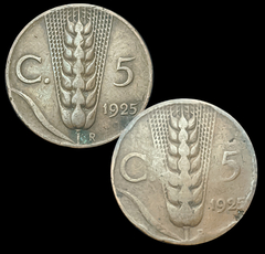561 - Duas moedas da Itália 5 centésimos, 1925 - Cobre, 3.25g, ø 19.5mm KM# 59