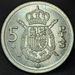 104 - Espanha 5 pesetas, 1975 - 76 dentro da estrela - Com brilho de cunho