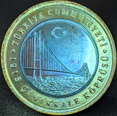 2565 - Turquia 1 lira, 2022 - Ponte Çanakkale 1915 - Bimetálica - Com lindíssima coloração e brilho de cunho