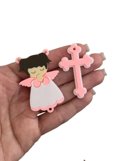 KIT TERÇO INFANTIL EM ACRÍLICO (ROSA COM CABELO MARROM)- 2 PEÇAS