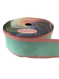 FITA PESPONTADA SINIMBU VERDE ÁGUA BORDA ROSA (38MM) - 10 METROS