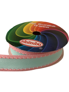 FITA PESPONTADA SINIMBU VERDE ÁGUA BORDA ROSA (22MM) - 10 METROS