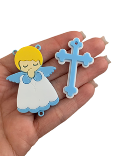 KIT TERÇO INFANTIL EM ACRÍLICO (AZUL COM CABELO AMARELO)- 2 PEÇAS