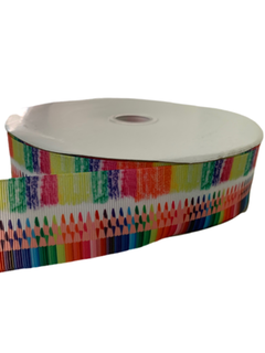 FITA GORGURÃO ESTAMPADA LÁPIS DE COR AQUARELA (38MM) - 2 METROS