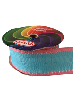 FITA PESPONTADA SINIMBU AZUL BORDA ROSA (38MM) - 10 METROS