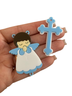 KIT TERÇO INFANTIL EM ACRÍLICO (AZUL COM CABELO MARROM)- 2 PEÇAS