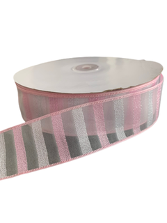 FITA ORGANZA/VOAL LISTRAS ROSA E BRANCO COM FIOS PRATA (38MM) - 3 METROS