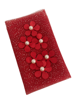 KIT PRÁTICO LAÇO TULE VERMELHO GLITER PRATA COM FLOR