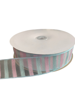 FITA ORGANZA/VOAL LISTRAS ROSA E AZUL COM FIOS PRATA (38MM) - 3 METROS
