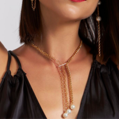 Colar Gravata Três Correntes e Pérolas Banho Ouro 18k - comprar online