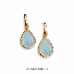 Ágata Azul Céu Perolada Brinco Pêndulo Banho Ouro 18k