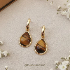 Olho de Tigre Perolado Brinco Pêndulo Banho Ouro 18k - loja online