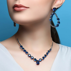 Conjunto Cristal Safira Brinco Pêndulo Banho Ouro 18k - comprar online