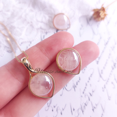Quartzo Rosa Perolado Conjunto Gota Colar e Brincos Banho Ouro 18k na internet