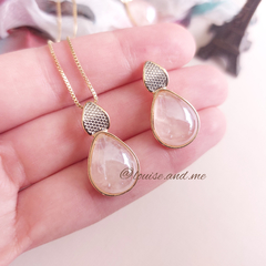 Imagem do Quartzo Rosa Perolado Conjunto Colar e Brincos Banho Ouro 18k e Ródio Branco