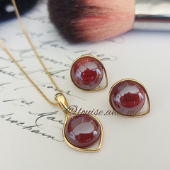 Ágata Vermelha Perolada Conjunto Gota Colar e Brincos Banho Ouro 18k