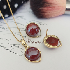 Ágata Vermelha Perolada Conjunto Gota Colar e Brincos Banho Ouro 18k na internet