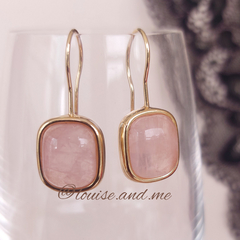 Quartzo Rosa Brinco Gancho Retangular Banho Ouro 18k