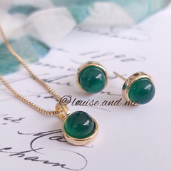 Ágata Verde Conjunto Redondo Pequeno Banho Ouro 18k