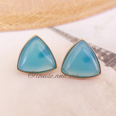 Ágata Azul Céu Brinco Triângulo Banho Ouro 18k