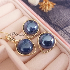 Sodalita Perolada Conjunto Gota Colar e Brincos Banho Ouro 18k