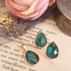 Esmeralda Natural Conjunto Gota Média Banho Ouro 18k - Semijoias Louise and Me