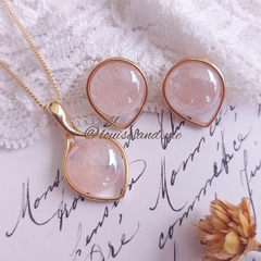 Quartzo Rosa Perolado Conjunto Gota Colar e Brincos Banho Ouro 18k