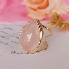 Quartzo Rosa Anel Pedra Gota Banho Ouro 18k (Ajustável)